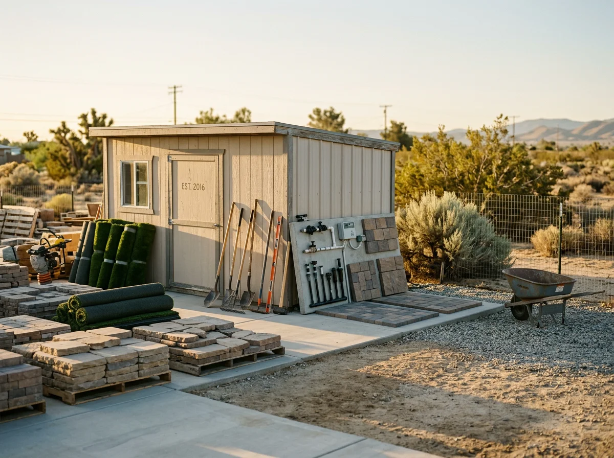 Professional landscaping crew with tools and equipment ready for backyard design and hardscape installation work.