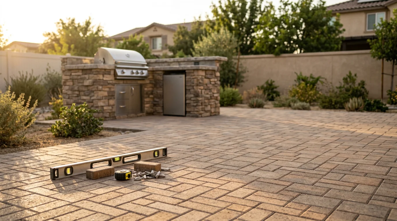 Custom outdoor kitchen with paver patio and seating area in Rancho Cucamonga