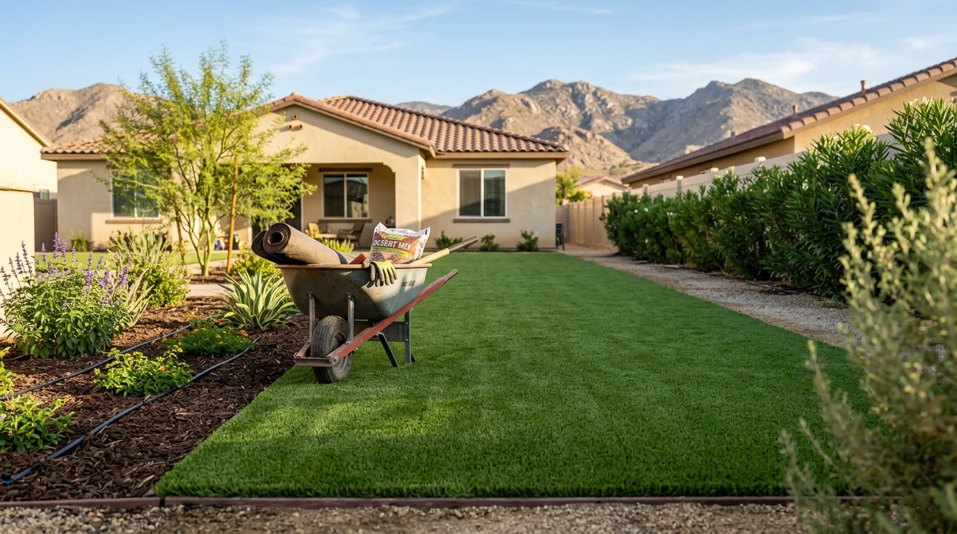 Landscaped backyard with artificial turf, irrigation system, and paver pathways in Moreno Valley