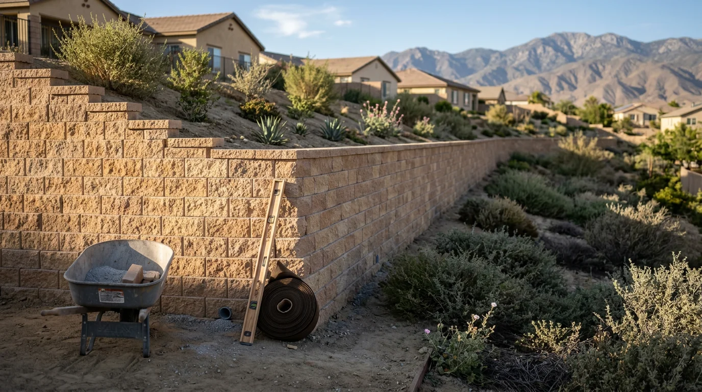 Stacked stone retaining wall supporting a sloped landscape in Temecula
