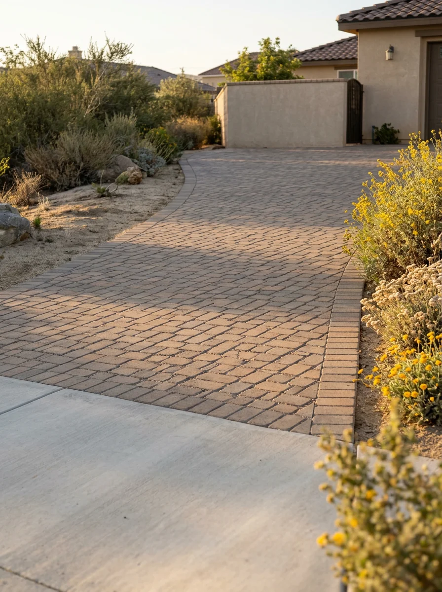 Freshly installed paver driveway on a Menifee residential property with drought-tolerant border plantings and a smooth concrete apron.