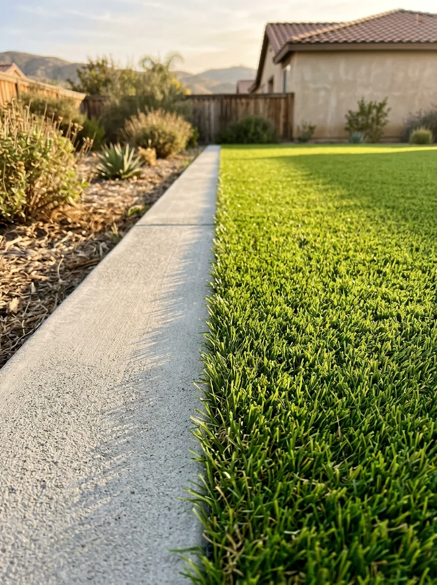 Close-up of artificial turf installation with clean concrete border edging on a Moreno Valley home's side yard.