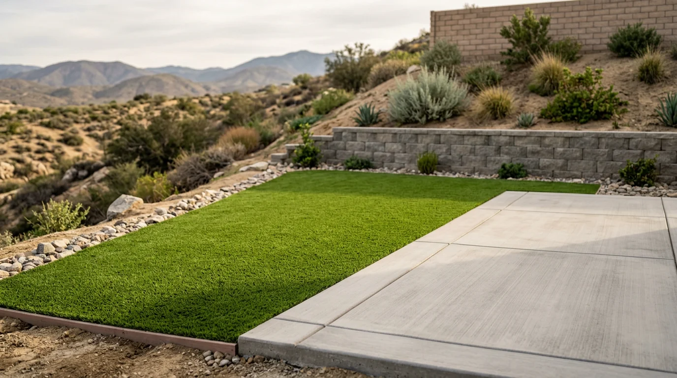 Newly installed concrete patio and artificial turf backyard on a residential lot in Moreno Valley, CA, with a retaining wall along the rear slope.