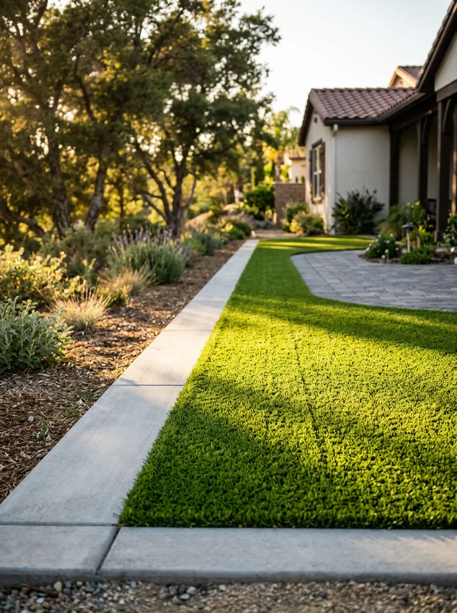 Artificial turf installation with concrete border edging on a Murrieta residential lot, showing a clean transition between the turf field and a paver entertaining area.