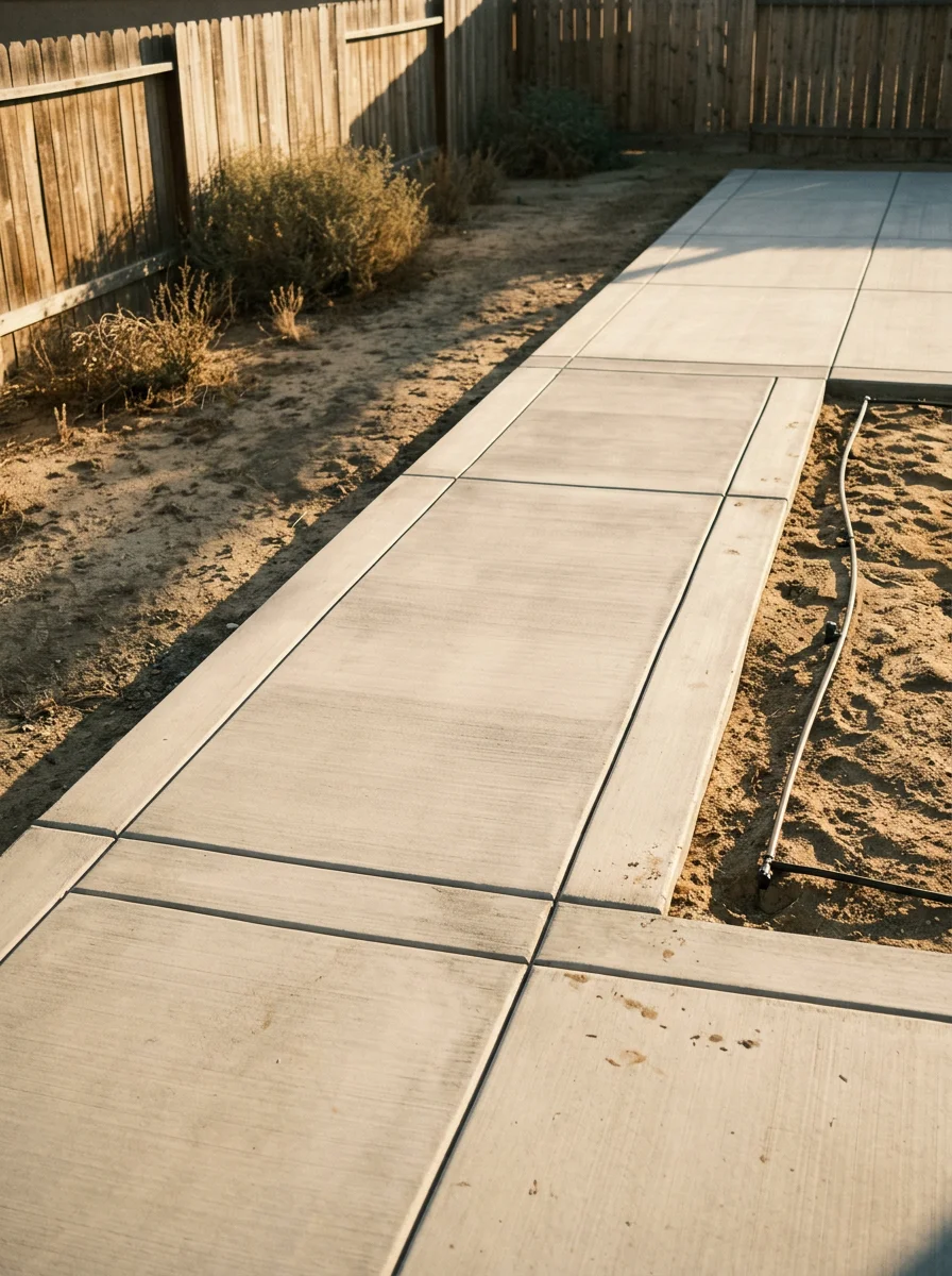 New concrete flatwork and drip irrigation installation on a Perris, CA, backyard with sandy soil, showing a smooth broom-finish slab and border planting beds.