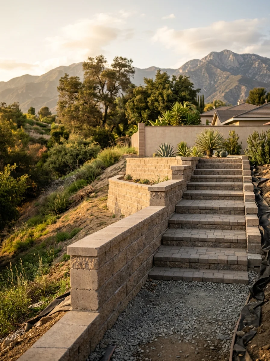 Retaining wall and paver step installation on a sloped Alta Loma lot in Rancho Cucamonga, CA, creating a terraced backyard with a flat entertaining area.