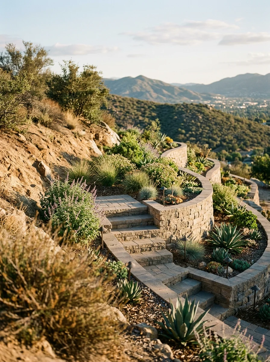 Landscape design installation on a Canyon Crest hillside lot in Riverside, CA, showing a terraced retaining wall, paver steps, and drought-tolerant plantings.