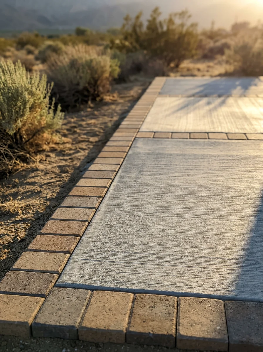 New concrete patio and paver border installation on a valley floor property in San Jacinto, CA, with a smooth broom-finish slab and clean landscape edging.