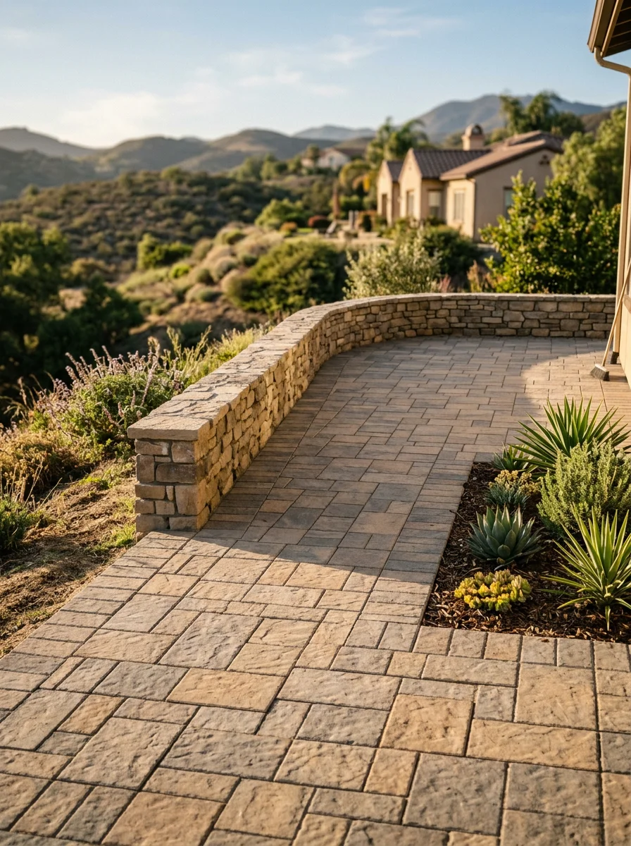 Paver patio installation on a sloped Temecula residential lot with a low retaining wall creating a flat entertaining area and drought-tolerant border plantings.