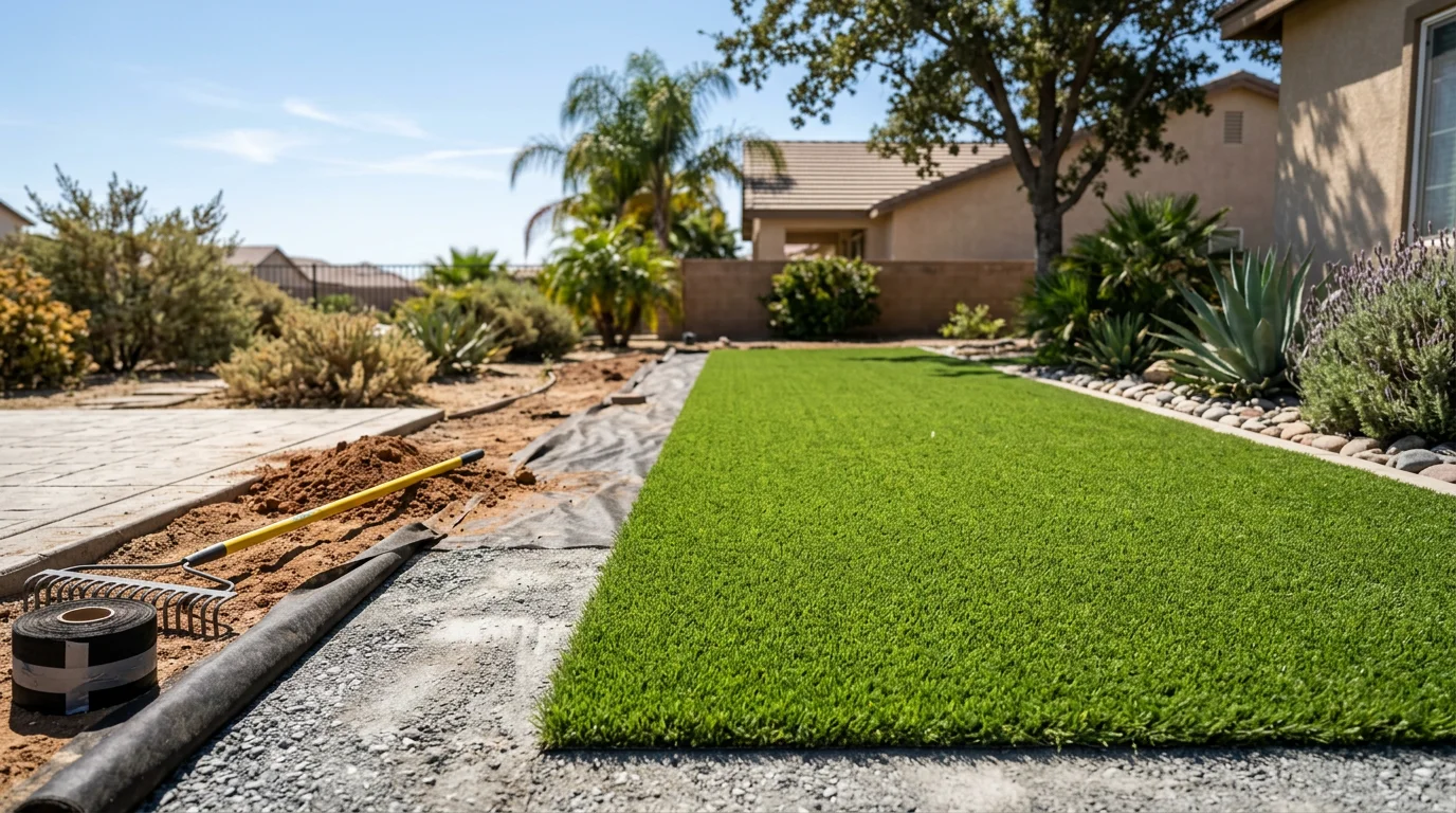 Freshly installed artificial turf covering a residential backyard in Moreno Valley, California, with clean edges, uniform green color, and a compacted base visible along the perimeter. The yard is surrounded by a block wall typical of Inland Empire homes, showing the finished result of a professional turf installation by Paved Paradise Inc.
