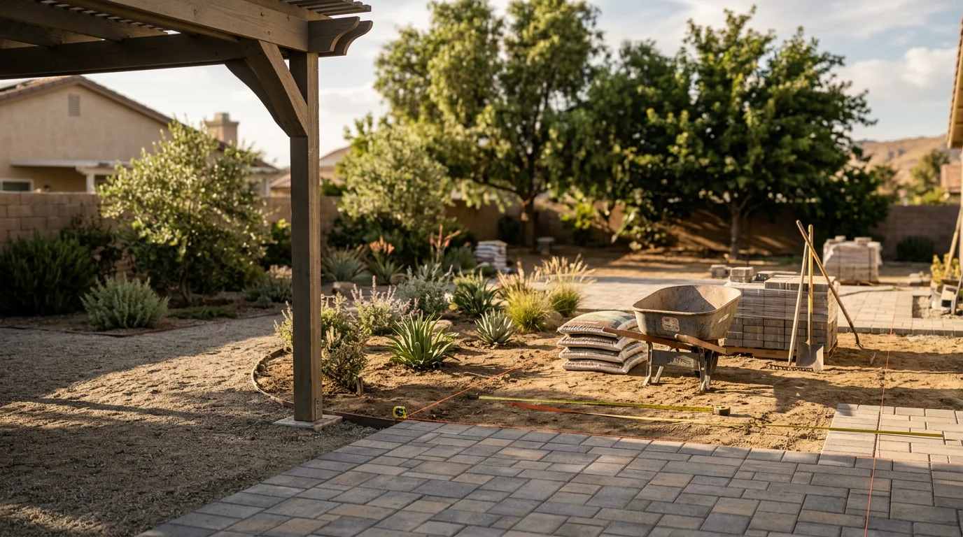 A completed backyard remodel in Moreno Valley, California showing a structured outdoor living area with hardscape and shade-ready landscaping. The yard is designed for year-round use in the Inland Empire's dry, sunny climate.