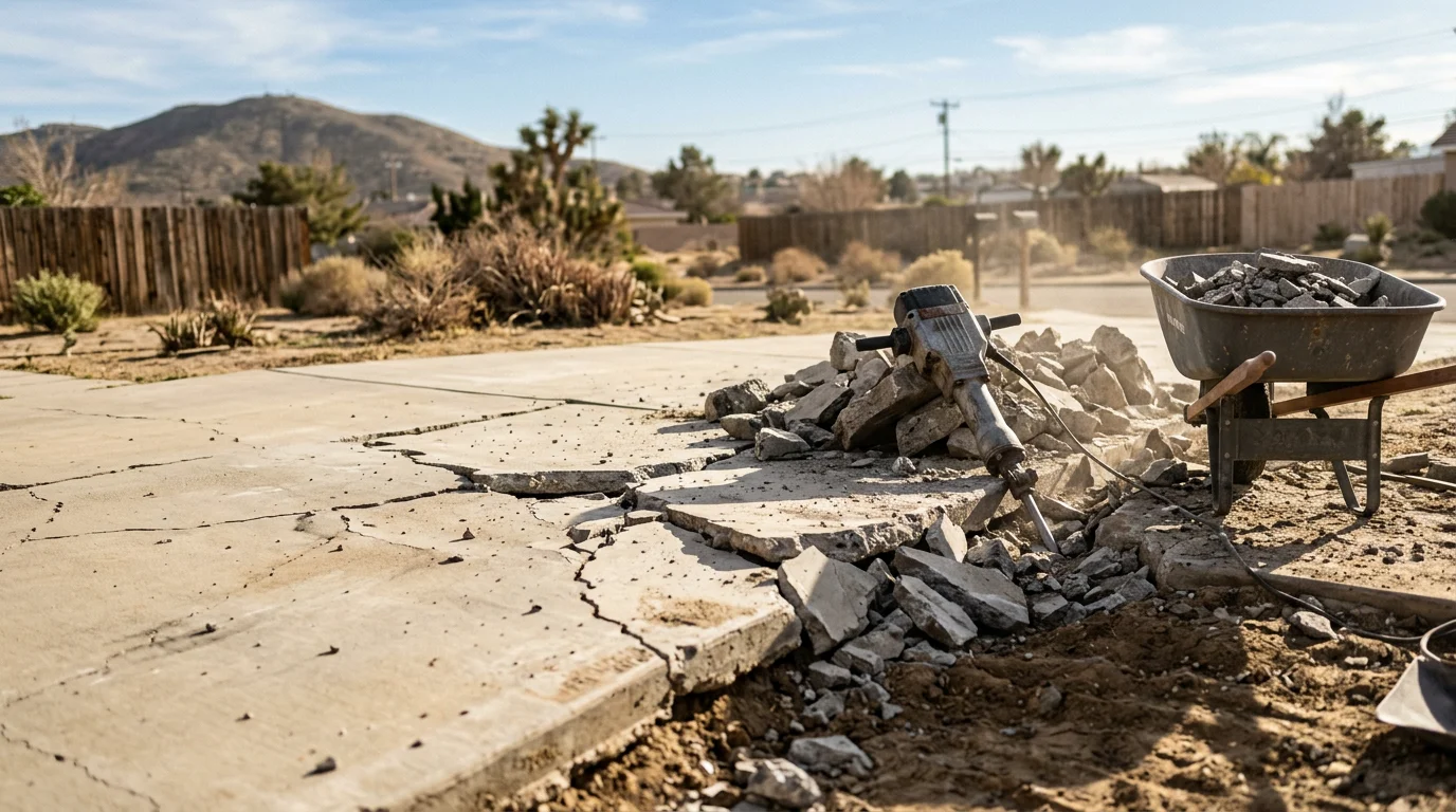 A broken concrete driveway slab being demolished and removed at a residential property in Moreno Valley, California. Chunks of old concrete are staged for hauling with the surrounding yard left intact.