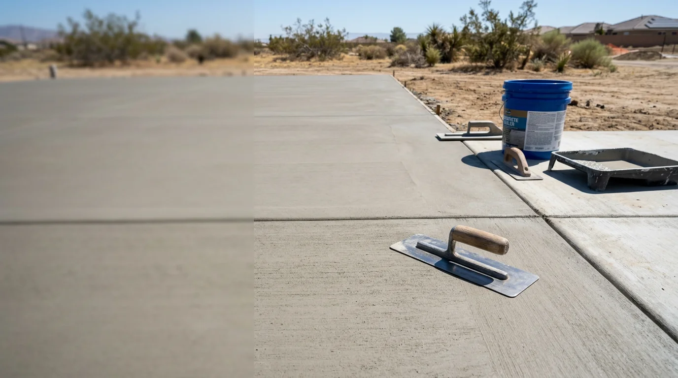 Freshly finished concrete driveway with a clean broom texture in a Moreno Valley residential neighborhood. The surface shows crisp edges and uniform color under bright Southern California sunlight.