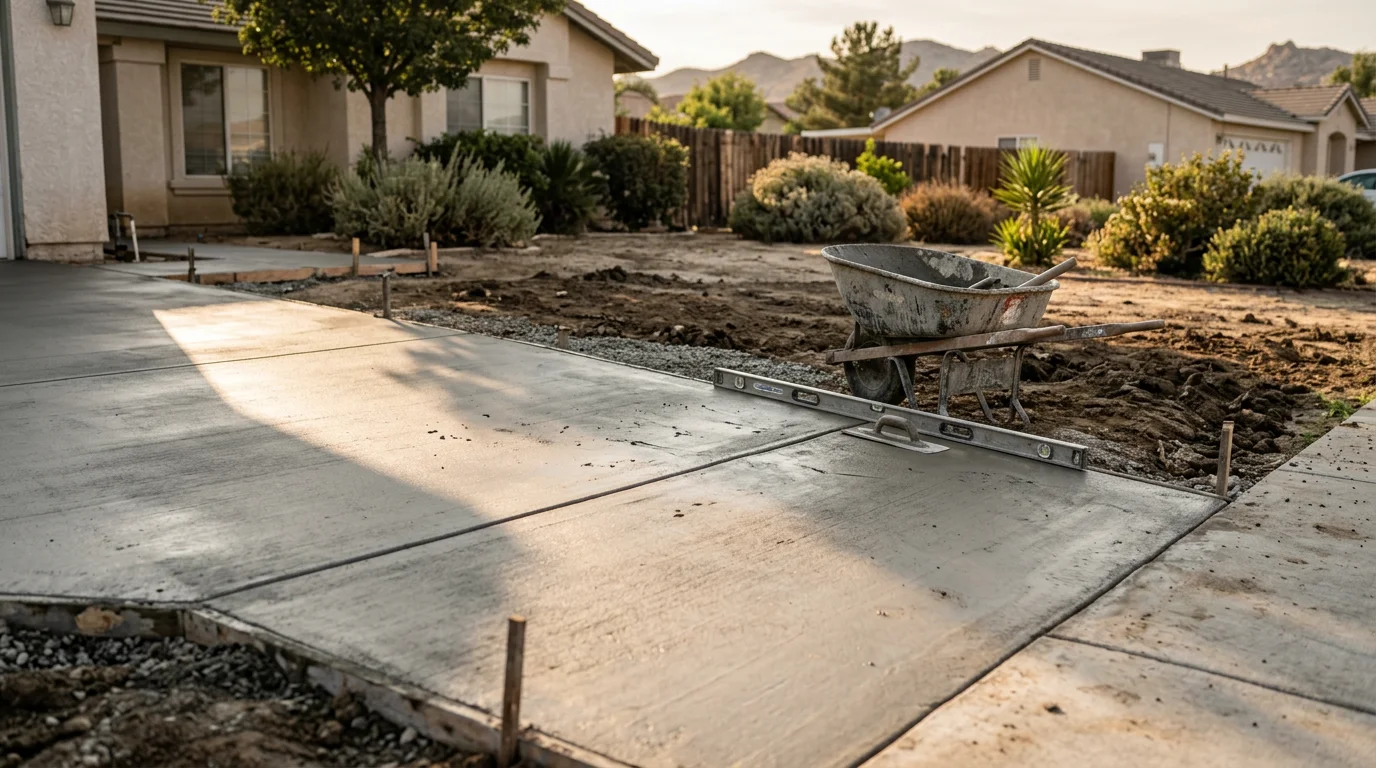 Freshly poured concrete driveway in front of a single-family home in Moreno Valley, California. Smooth gray slab extends from the garage to the street with clean edges and a level surface.