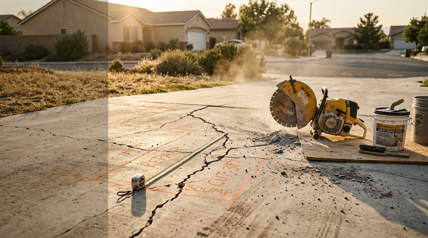 A repaired concrete driveway in Moreno Valley with filled cracks and a smooth, level surface. The surrounding neighborhood shows typical single-family residential homes common to the Inland Empire.