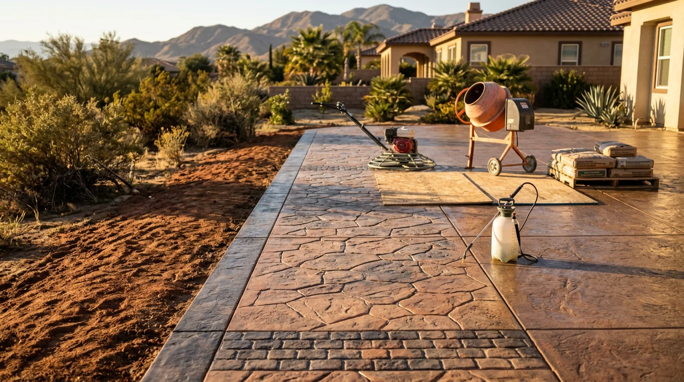 Stamped decorative concrete patio with a stone pattern finish installed at a Moreno Valley residential home. The surface shows defined texture and color against a Southern California backyard setting.