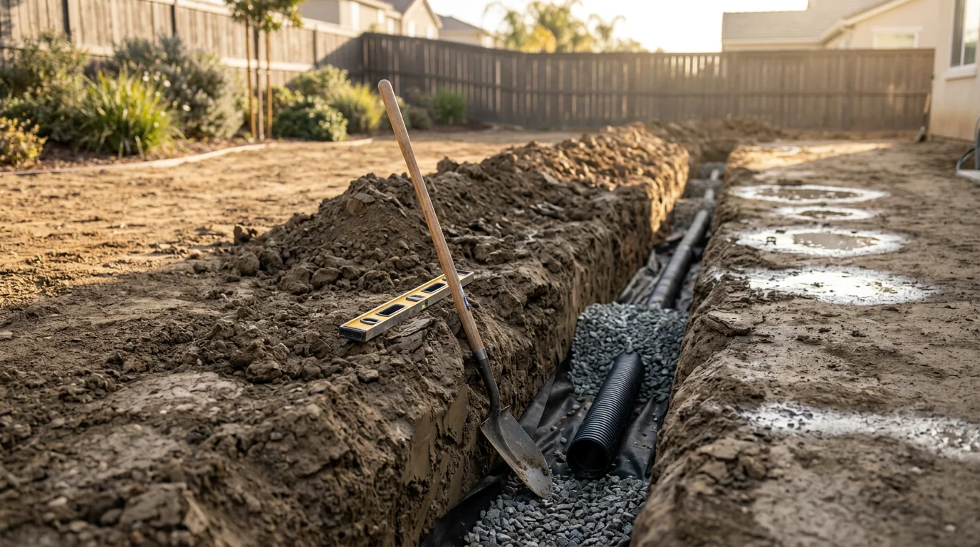 Newly installed drainage channel along a residential yard in Moreno Valley, California, directing stormwater runoff away from the home's foundation across clay-heavy soil.