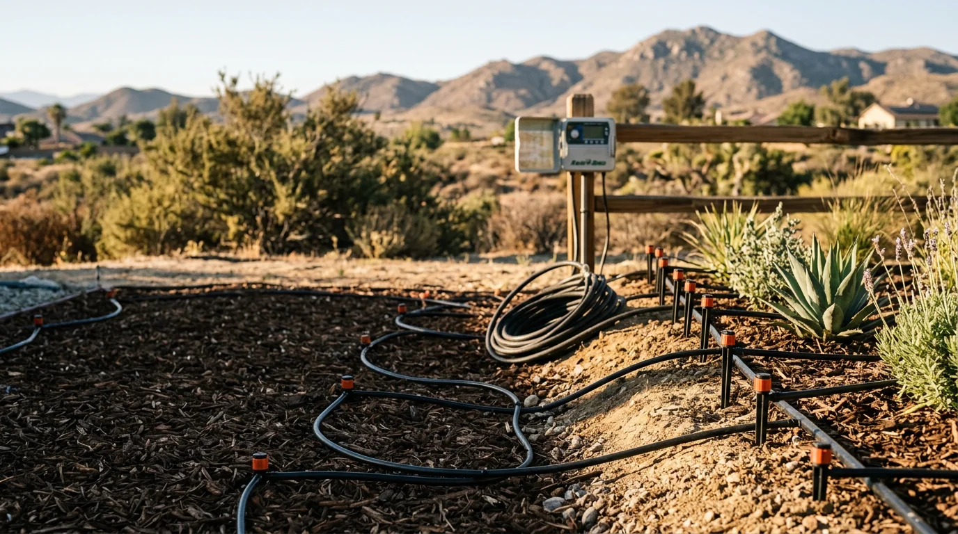Freshly installed underground irrigation lines running across a residential yard in Moreno Valley, California. Sprinkler heads are positioned at measured intervals across a green lawn with drought-tolerant plantings along the border.