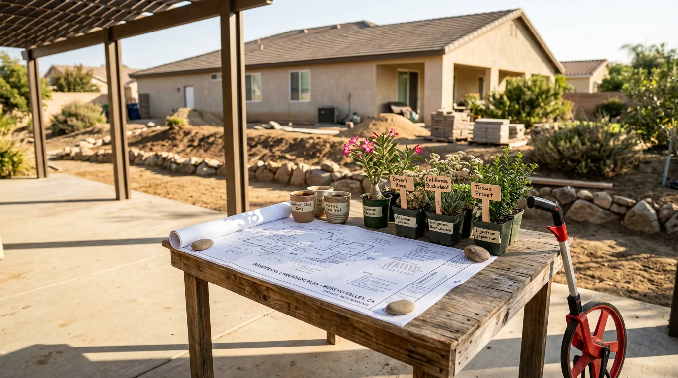 A finished landscape design on a single-family home in Moreno Valley, California, showing drought-adapted plantings, defined hardscape borders, and a clean front yard layout suited to the dry Southern California climate.