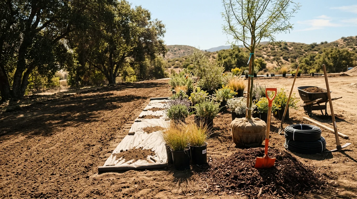 A completed residential landscape installation in Moreno Valley showing drought-tolerant plants, ground cover, and a clean hardscape border in a front yard. The finished yard reflects Southern California's warm climate with low-water plantings set against a stucco home exterior.