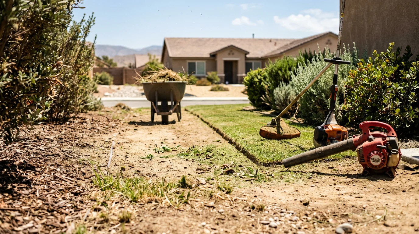 A neatly edged and mowed front lawn at a residential property in Moreno Valley, California, with trimmed shrubs and clean walkways. A landscape maintenance crew from Paved Paradise Inc works in the background on a clear, sunny day.