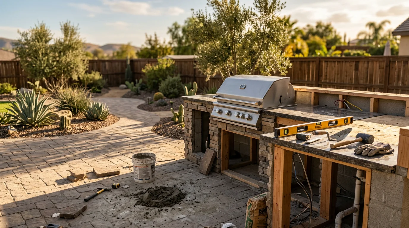 A custom outdoor kitchen installed in a Moreno Valley backyard, featuring a built-in cooking area with counter seating and a clean layout designed for year-round outdoor entertaining. The kitchen connects to an open patio space typical of Inland Empire residential properties.