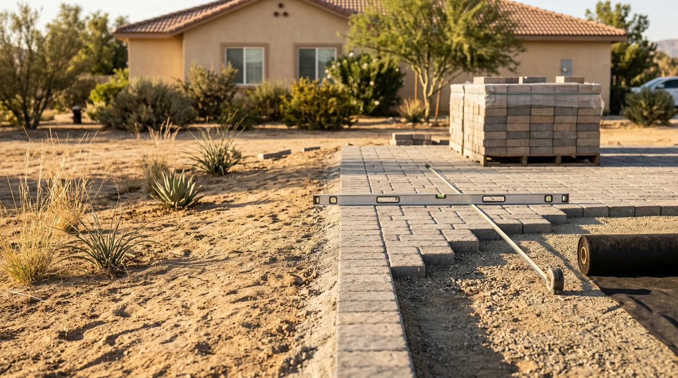 A custom patio design layout for a Moreno Valley backyard, showing a shaded hardscape area with defined seating space and landscaping along the perimeter. The design reflects the open lot style common to Inland Empire residential properties.