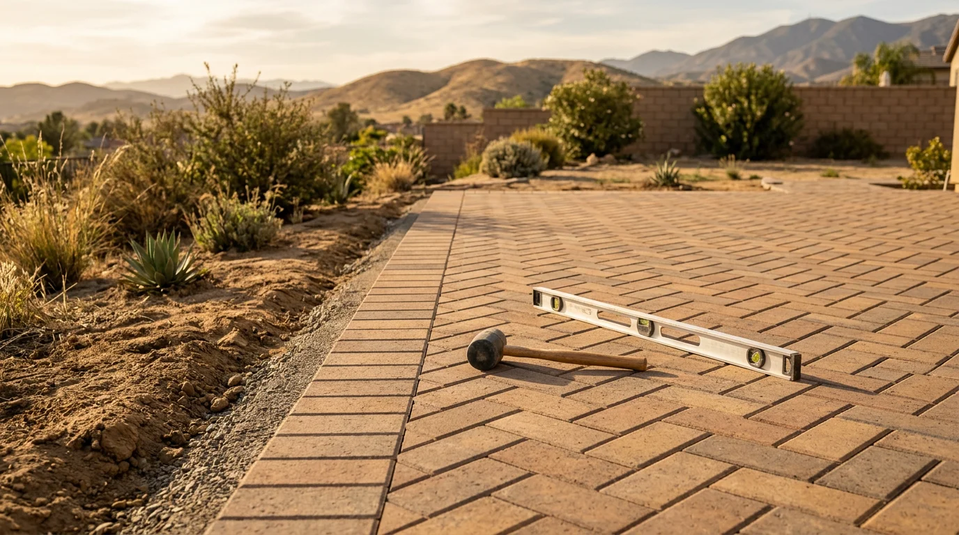 Freshly installed interlocking pavers forming a wide residential driveway in Moreno Valley, California, with clean joint lines and a compacted base visible at the edge. The surrounding landscape reflects the dry, sun-exposed conditions typical of the Inland Empire.