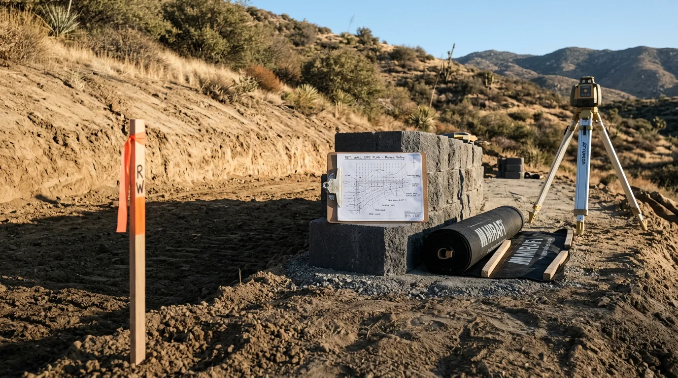 A newly designed retaining wall layout on a sloped residential lot in Moreno Valley, California, showing tiered grade transitions and a planned drainage path along the base of the wall.