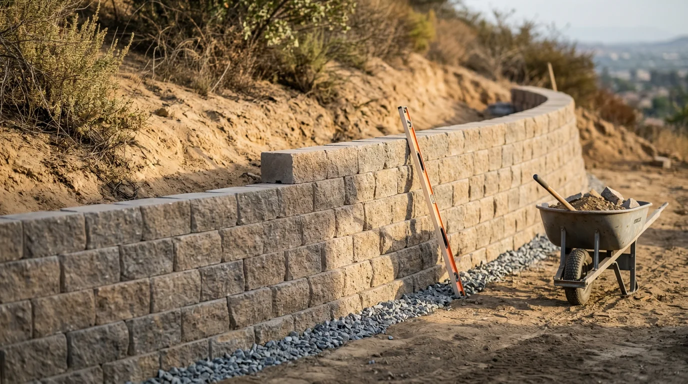 A completed reinforced masonry retaining wall on a sloped residential lot in Moreno Valley, California, holding back a graded hillside and creating a flat yard area behind the wall.