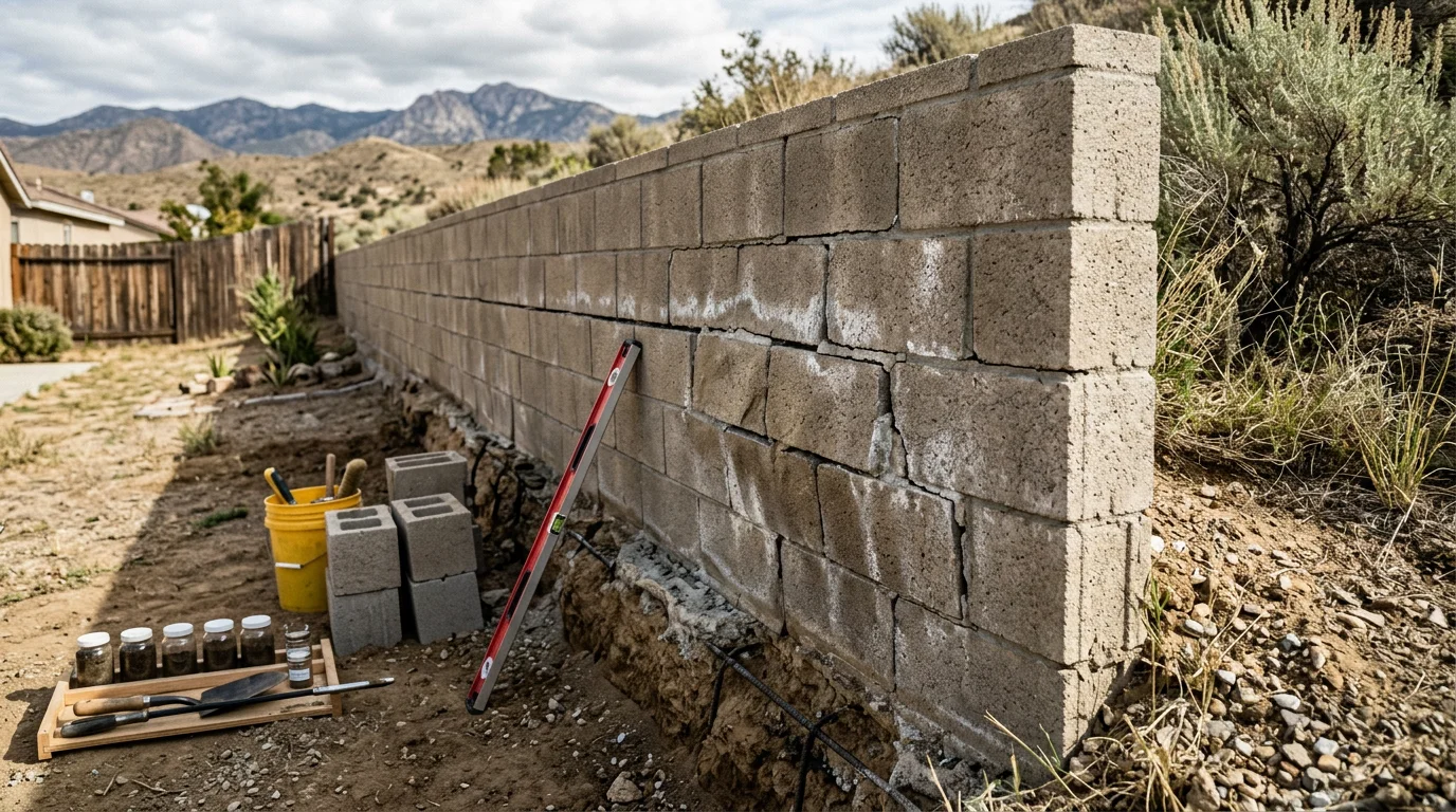 A repaired concrete block retaining wall on a sloped residential property in Moreno Valley, with stable soil behind it and no visible cracking or leaning. Close view shows clean, realigned blocks and a dry base after drainage correction.