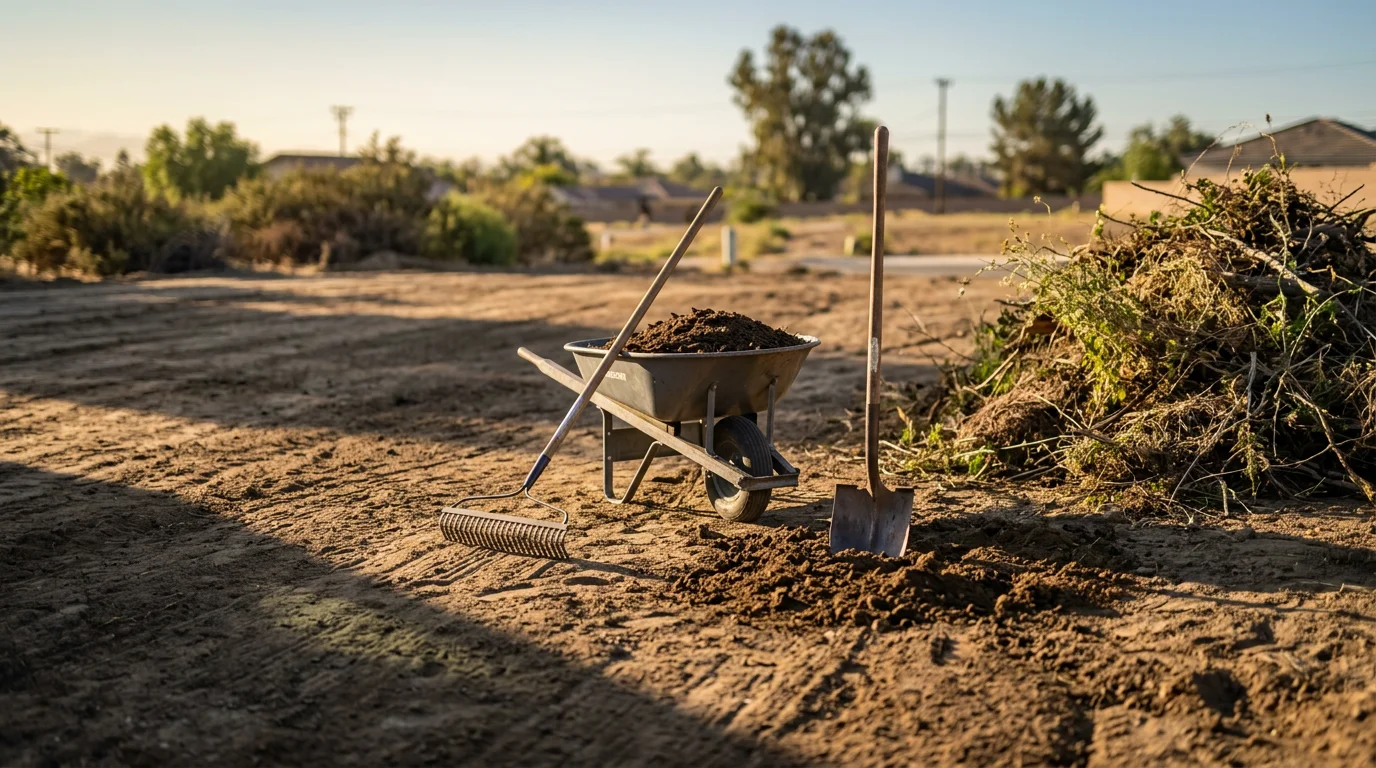 A cleared and graded residential yard in Moreno Valley, California, with leveled soil ready for landscape installation. Debris and overgrown vegetation have been removed, leaving a clean, even surface across the property.