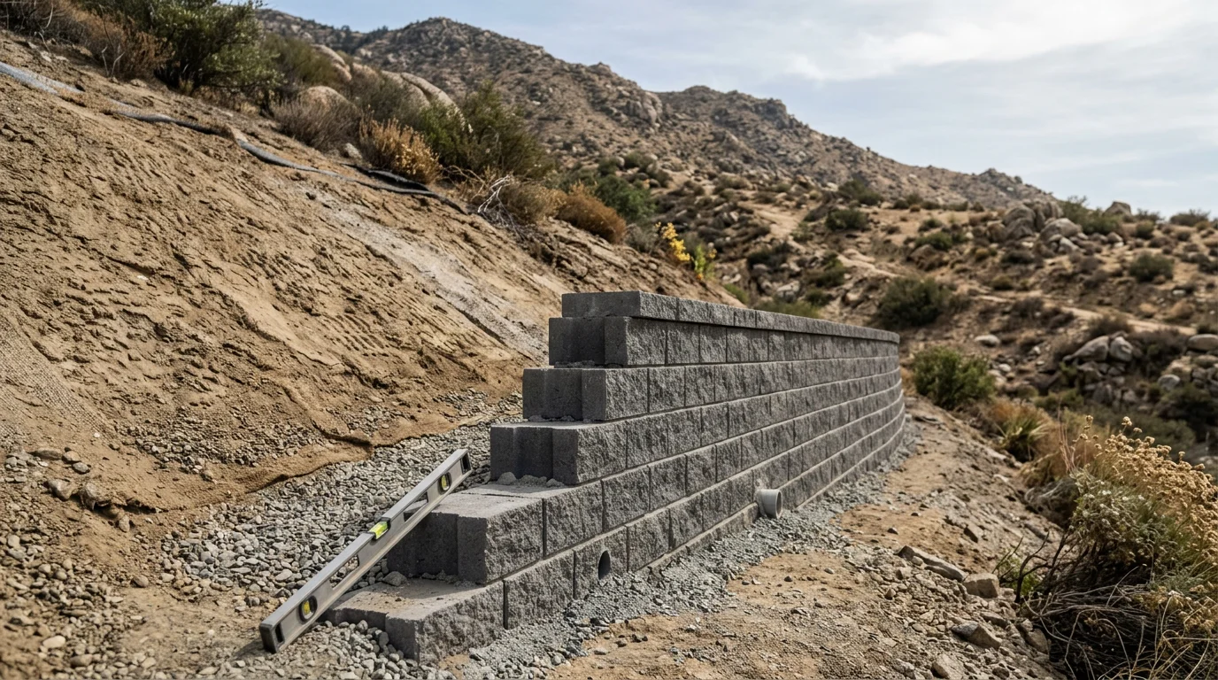 A stabilized residential hillside slope in Moreno Valley, California, showing a tiered retaining wall system holding graded soil on a steep grade. The terraced structure separates the slope into level sections, with compacted soil retained behind each wall course.